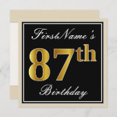 Invitation Elégant, Noir, Faux Or 87ème Anniversaire + Nom (Devant / Derrière)