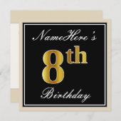 Invitation Elégant, Noir, Faux Or 8ème anniversaire + Nom (Devant / Derrière)
