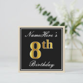 Invitation Elégant, Noir, Faux Or 8ème anniversaire + Nom (Debout devant)