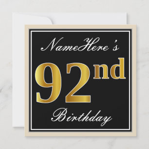 Invitation Elégant, Noir, Faux Or 92ème Anniversaire + Nom