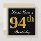 Invitation Elégant, Noir, Faux Or 94ème Anniversaire + Nom (Devant / Derrière)
