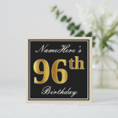 Invitation Elégant, Noir, Faux Or 96ème Anniversaire + Nom (Debout devant)
