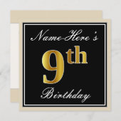 Invitation Elégant, Noir, Faux Or 9ème Anniversaire + Nom (Devant / Derrière)