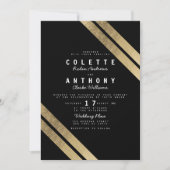 Invitation Elégant noir faux or moderne rayures mariage (Devant)