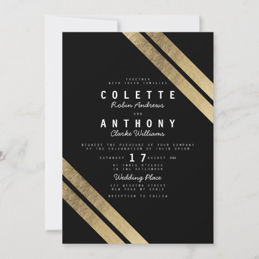 Invitation Elégant noir faux or moderne rayures mariage (Devant)