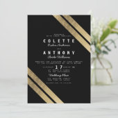 Invitation Elégant noir faux or moderne rayures mariage (Debout devant)