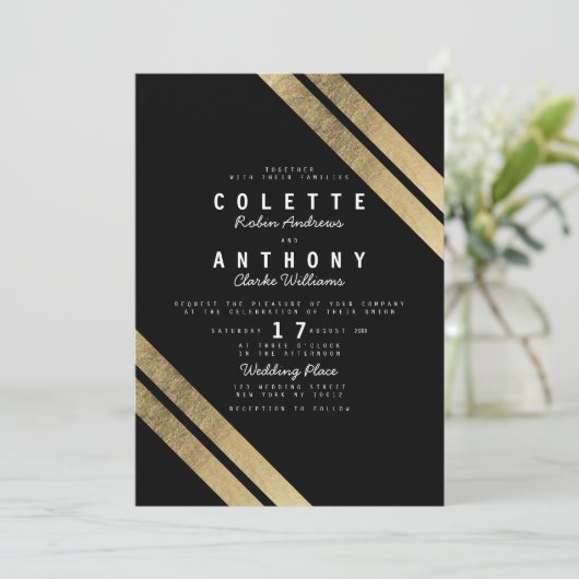 Invitation Elégant noir faux or moderne rayures mariage (Debout devant)