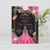 Invitation Elégant noir Fuchsia rose Floral Mis Quince (Debout devant)
