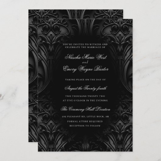 Invitation Élégant noir gothique Damask Moody Mariage (Devant / Derrière)
