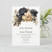 Invitation Élégant noir ivoire peony Mariage floral (Debout devant)