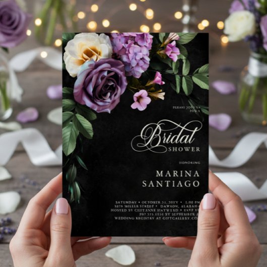 Invitation Elégant noir & lavande floral Script douche