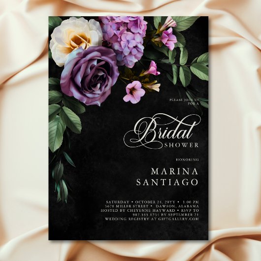 Invitation Elégant noir & lavande floral Script douche