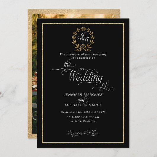 Invitation Élégant noir n or couronne Monogramme Mariage phot (Devant / Derrière)