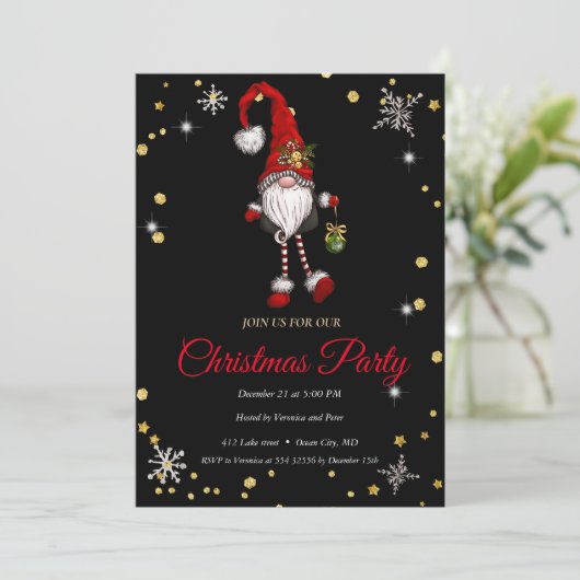 Invitation Élégant Noir Noël Gnome, Cadre Noël (Debout devant)