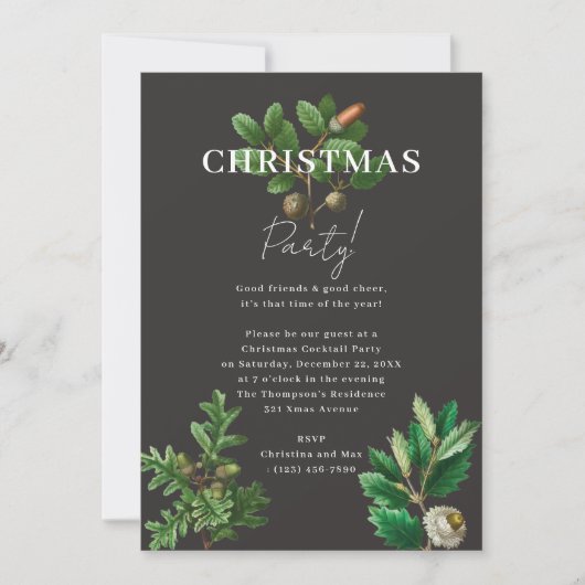 Invitation Élégant Noir Noir Noël Acorn Fête de Noël (Devant)