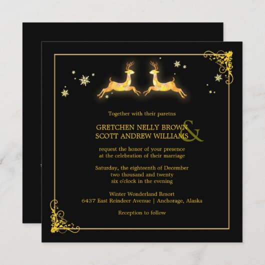 Invitation Elégant Noir Noir Reindeer Mariage d'hiver (Devant / Derrière)