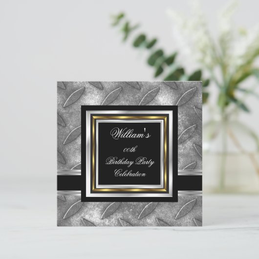 Invitation Elégant Noir Or Argent Homme métal d'anniversaire (Debout devant)