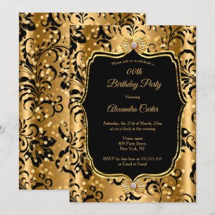 Invitation Élégant Noir Or Damassé Bijou Nœud Anniversaire