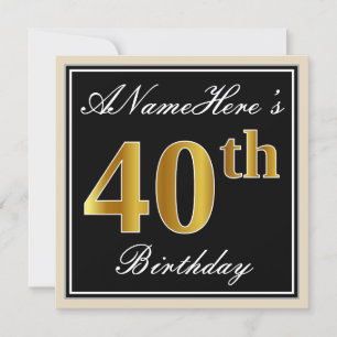 Invitation Elégant, Noir, Or Imitation 40e Anniversaire + Nom