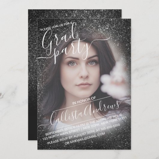 Invitation Elégant noir Parties scintillant Ombre photo Gradu (Devant / Derrière)
