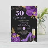 Invitation Elégant noir pourpre Stiletto talon Floral Anniver (Debout devant)