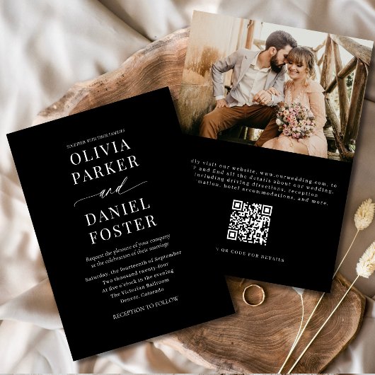 Invitation Élégant noir QR Code Mariage photo classique