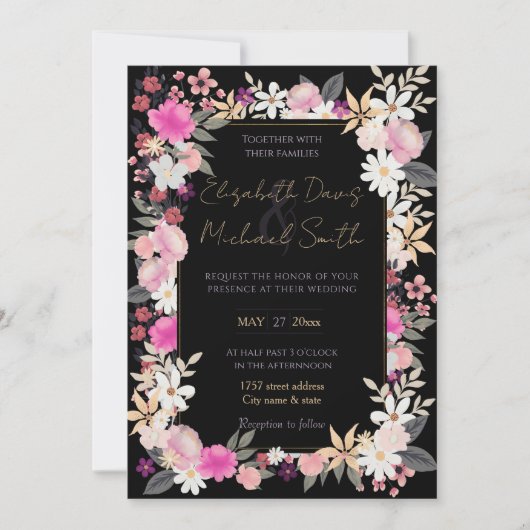 Invitation Elégant noir rose Fleurs sauvages Boho Floral Pain (Devant)