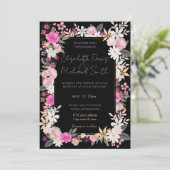 Invitation Elégant noir rose Fleurs sauvages Boho Floral Pain (Debout devant)