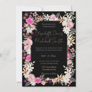 Invitation Elégant noir rose Fleurs sauvages Boho Floral Pain
