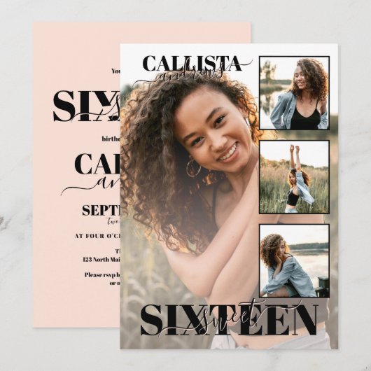 Invitation Élégant noir rose moderne quatre photos doux 16 (Devant / Derrière)