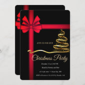 Invitation Elégant Noir Rouge Ribonn - Arbre de Noël Or (Devant / Derrière)
