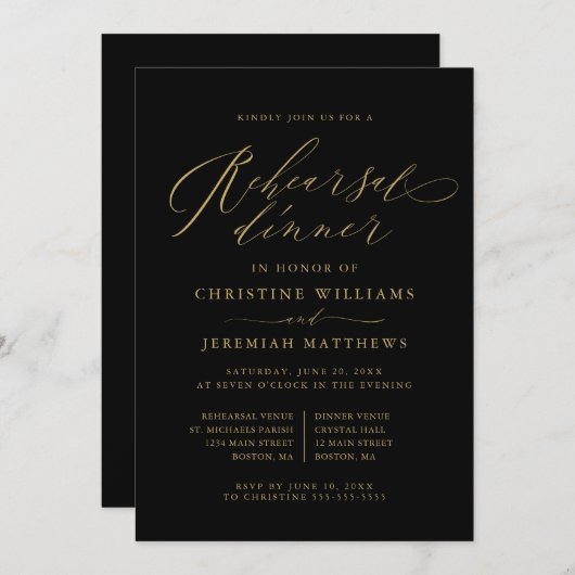 Invitation Élégant Noir Script Mariage de répétition Dîner (Devant / Derrière)