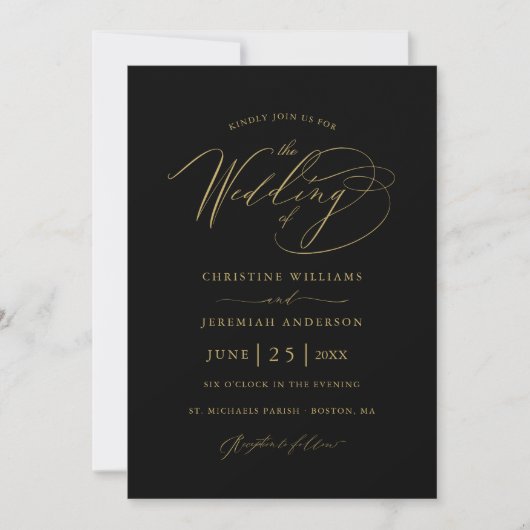 Invitation Élégant Noir Script minimaliste Mariage (Devant)