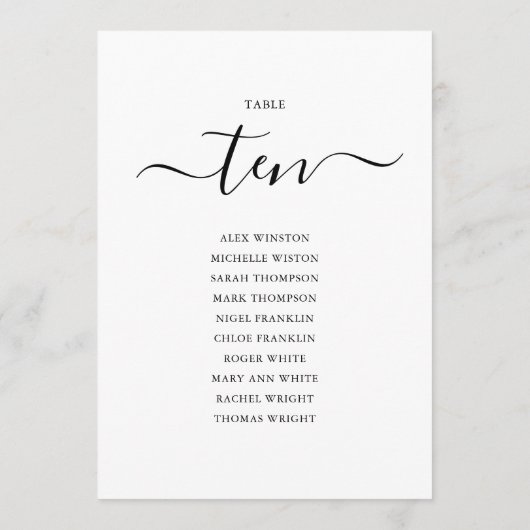 Invitation Élégant Noir Script Tableau Numéro 10 Seating Char (Dos)