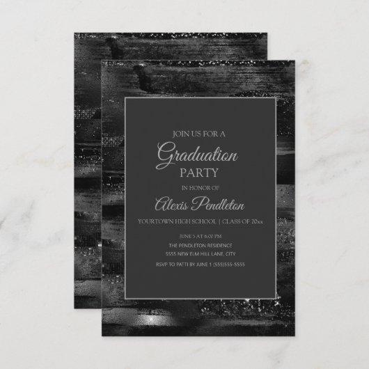 Invitation Élégant noir Silver Graduation (Devant / Derrière)