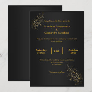 INVITATION ÉLÉGANT NOIR SIMPLE FEUILLE D'OR NOIR REVERS