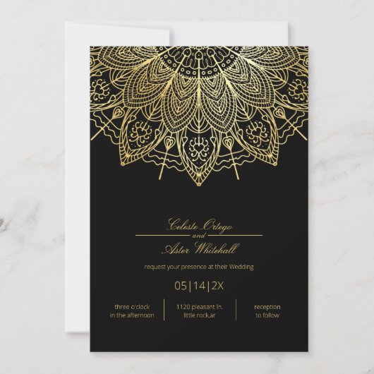 Invitation Élégant Noir Simple Or Mandala Mariage (Devant)