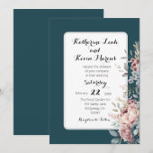 Invitation Élégant noir Turquoise Dusty Rose Floral (Devant / Derrière)