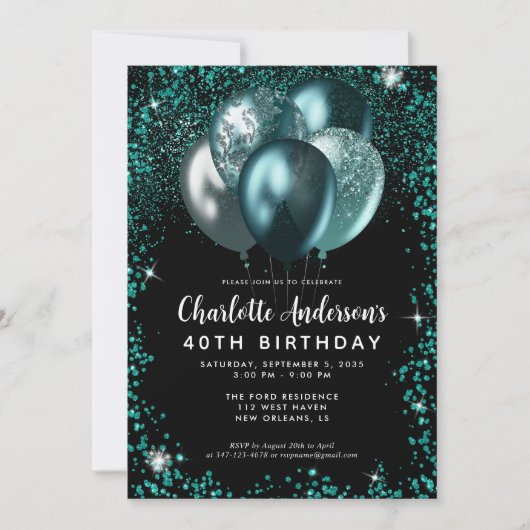 Invitation Elégant noir Turquoise Parties scintillant Balloon (Devant)