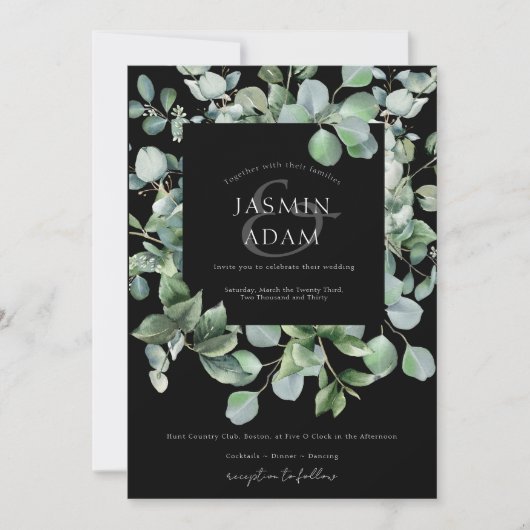 Invitation Elégant noir vert Eucalyptus Mariage photo (Devant)