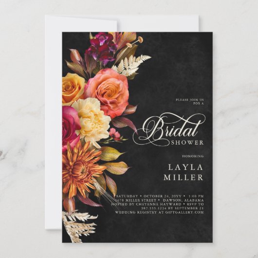 Invitation Elégant noir Vibrant Boho Floral Script Douche (Devant)