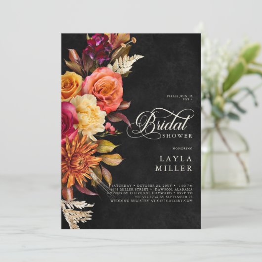 Invitation Elégant noir Vibrant Boho Floral Script Douche (Debout devant)