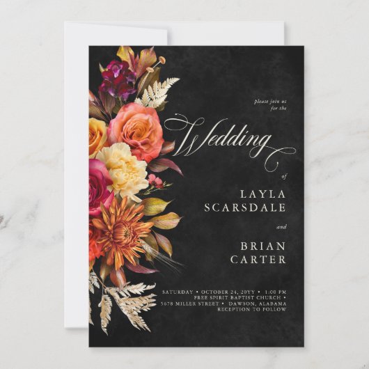 Invitation Élégant noir Vibrant Boho Floral Script Mariage (Devant)