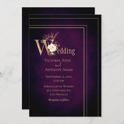 Invitation Élégant noir violet or moderne Ombre Mariage (Devant / Derrière)