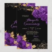 Invitation Elégant noir violet or Stiletto Quinceañera (Devant / Derrière)