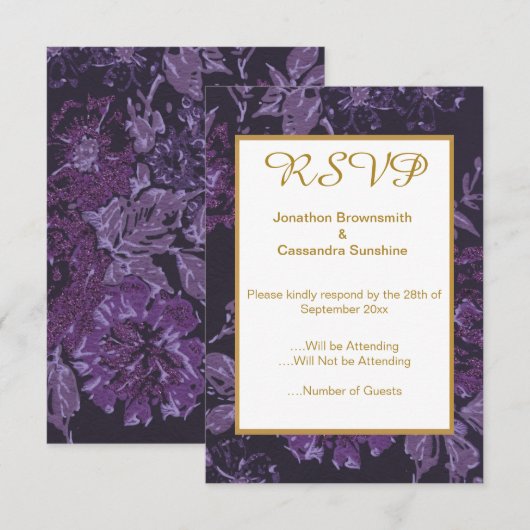 INVITATION ÉLÉGANT NOIR VIOLET RSVP FLORAL VINTAGE (Devant / Derrière)