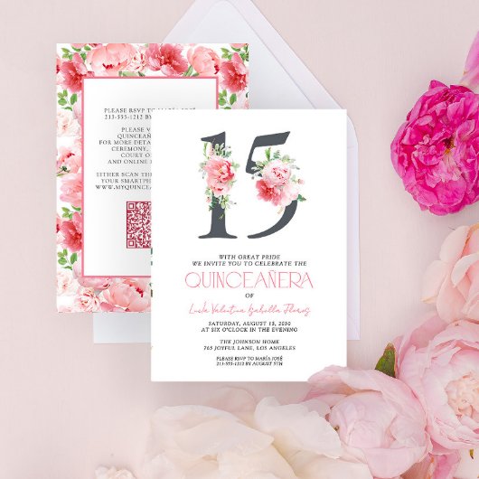 Invitation Élégant nombre floral 15 rose QR Quinceañera