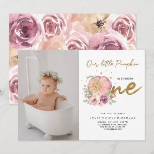Invitation Élégant Notre Petit Citrouille Photo Premier Anniv