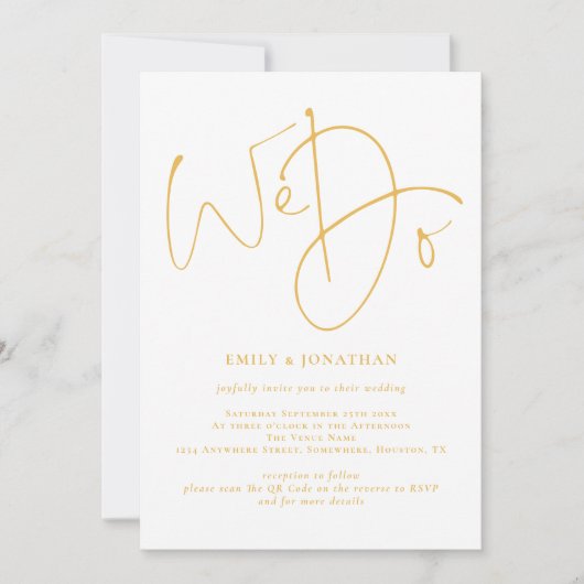 Invitation Élégant Nous faisons Golden Script QR Code Mariage (Devant)