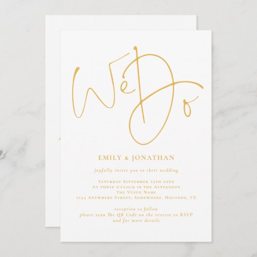 Invitation Élégant Nous faisons Golden Script QR Code Mariage (Devant / Derrière)